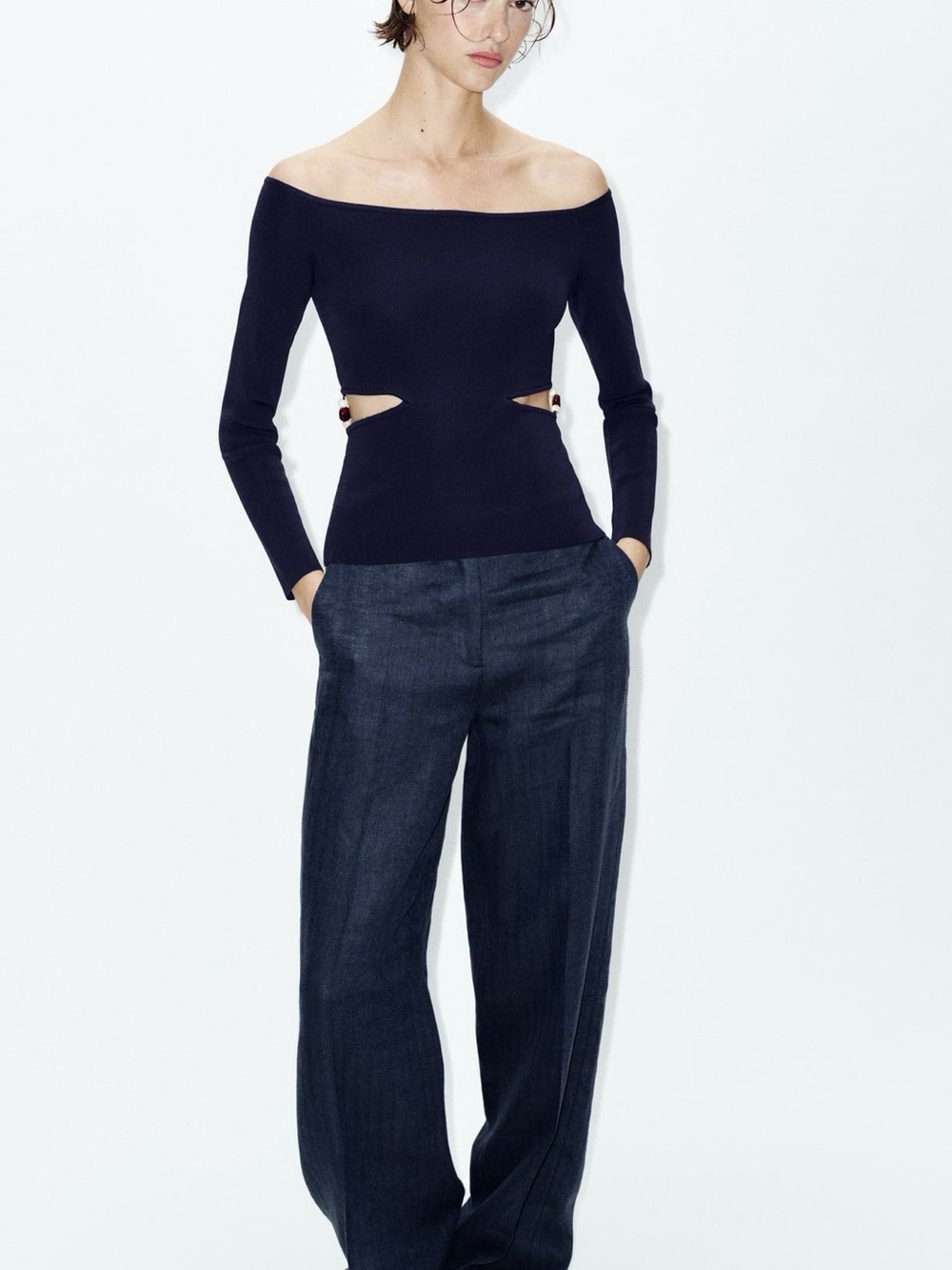 Zara Navy Off-the-Shoulder Cutout Sweater with Button Detail - Picture 5 of 6